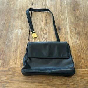 PERLINA NEW YORK Black Genuine Leather Flap Pocket Shoulder Bag Purse